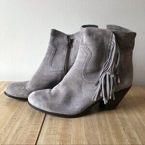 SAM EDELMAN Fringe Ankle Boots Louie Suede Leather Western Bootie Taupe